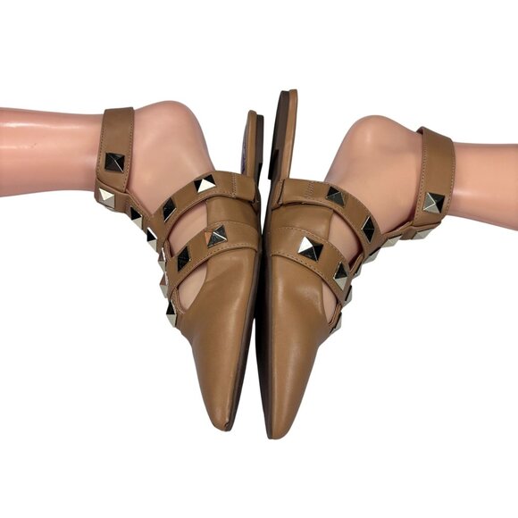 Tan Studded Pointed-Toe Ankle Strap Flats By MIX No.6 Size 7.5 Faux Leather Wome - Picture 5 of 7